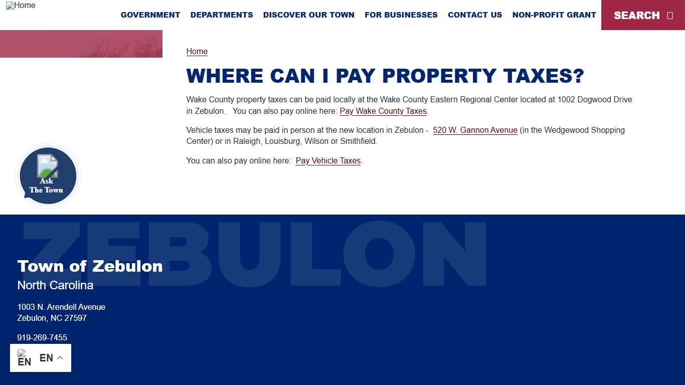 Where can I pay property taxes? | Town of Zebulon, NC